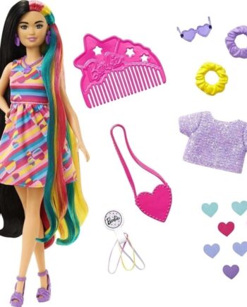 Sort Barbie Totally Hair Dukke med Hjerteprint Kjole